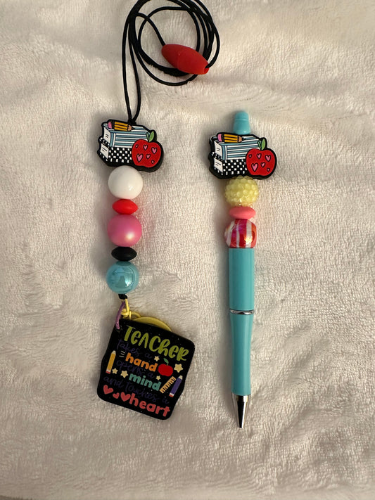 Retro books/apple lanyard & pen set