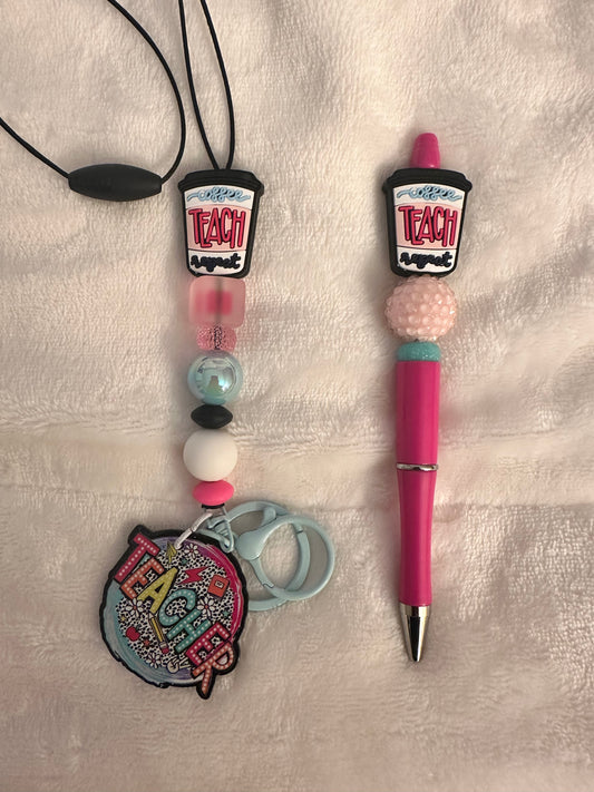 Coffee,teach,repeat lanyard & pen set